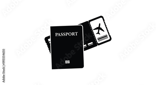 A black silhouette depicts two travel documents a passport and a boarding pass suggesting international travel silhouette high quality