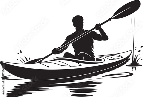 Male athlete paddling kayak in water silhouette for river sports and active lifestyle recreation with splashing water effects