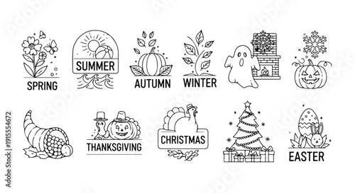 Seasonal and holiday icons representing different times of the year and celebrations Vector