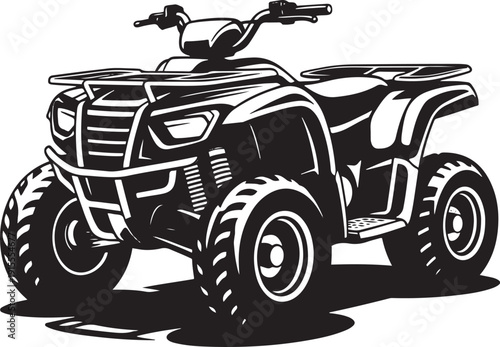 Detailed quad bike front view silhouette for off road racing and utility vehicle transport illustration in black graphic style