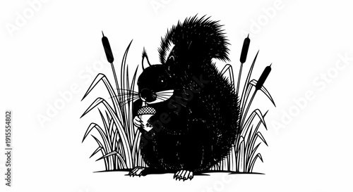 Black squirrel holding acorn amongst reeds and cattails