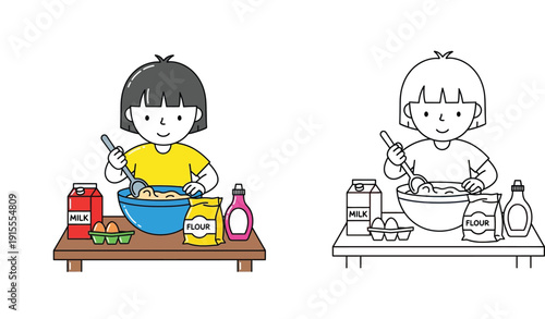 Cute girl cooking in kitchen vector illustration set with colored and outline version for coloring book, happy kid mixing batter in bowl with milk, flour and eggs on table.