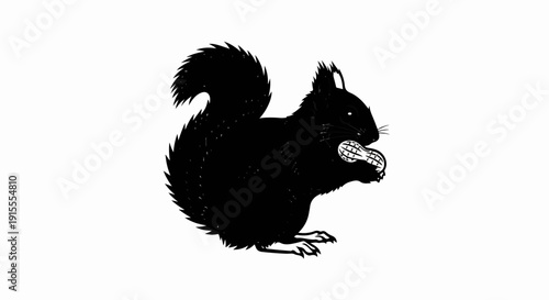 Black squirrel holds a peanut in its mouth, against white background