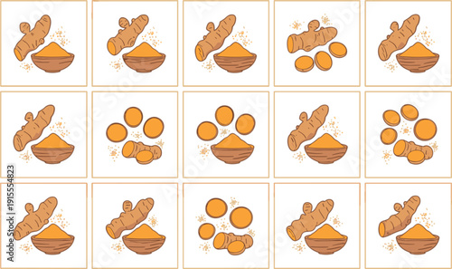 Turmeric powder and fresh turmeric root flat vector icon set in square frames spice ingredient collection for cooking and herbal design