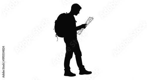 A solitary traveler seemingly lost in thought examines a map while wearing a backpack a striking silhouette high quality
