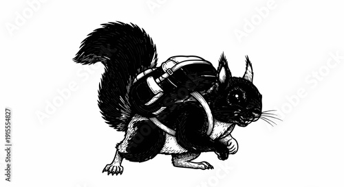 Black squirrel wearing a backpack and straps, ready for adventure