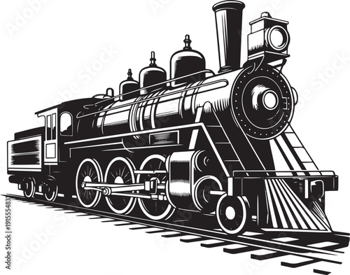Vintage steam locomotive black and white monochrome drawing illustration, old train on railroad tracks, isolated on transparent background
