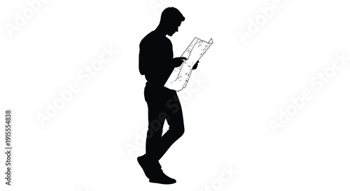 A stark black silhouette of a man intently reading a newspaper presented on a plain white background silhouette