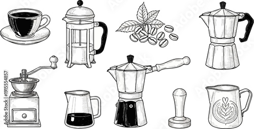 Collection of hand-drawn coffee-making tools and ingredients in monochrome