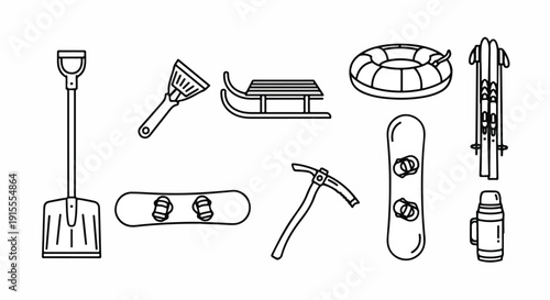 A variety of winter sports equipment and tools for snow and ice activities Vector