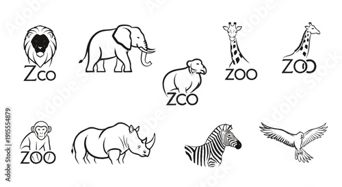 Collection of zoo animal logos lion, elephant, hippopotamus, giraffe, monkey, rhino, zebra, eagle