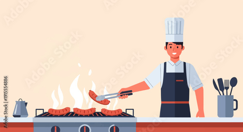 Chef grilling sausages over flames on a stove with utensils nearby