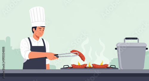 Chef grilling sausages on a barbecue grill with steam rising from the food