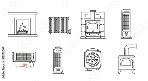 A variety of heating appliances and fireplaces for warming your home Vector
