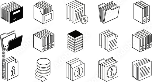 Collection of isometric icons for document management and information organization