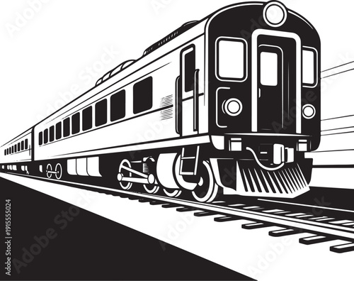 Modern passenger train traveling on railroad tracks with perspective view in monochrome silhouette style