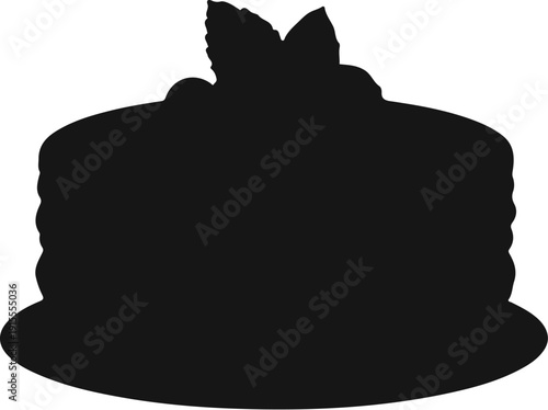 Black silhouette of a layered cake with leafy garnish on a plate