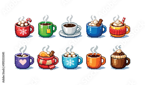 Coffee and tea pixel icon set. Cozy, warm drink cup icons in pixel art style.