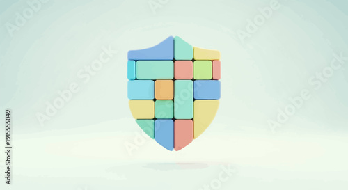 Colorful building blocks form a protective shield shape against a soft background