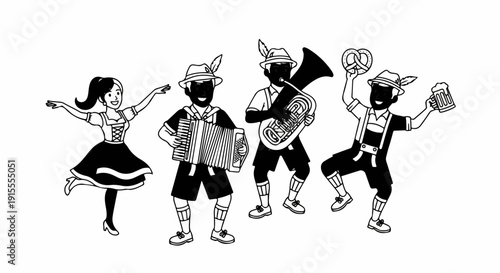 Cheerful people in traditional attire celebrating with music, pretzels, and beer