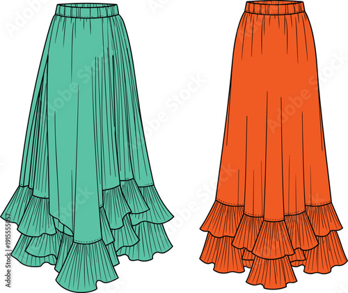 Vector Technical Sketch of Women's Maxi Skirt Featuring Multi Layered Tiered Ruffle Hem Elastic Waistband and Floor Length Silhouette Set