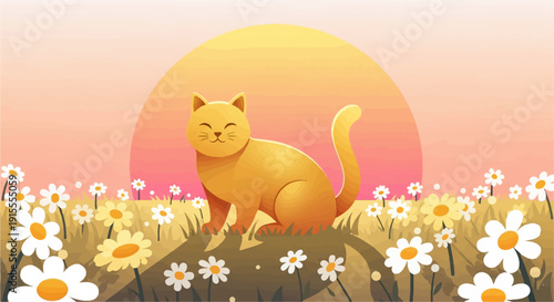 Cheerful orange cat sits peacefully in a field of daisies at sunrise