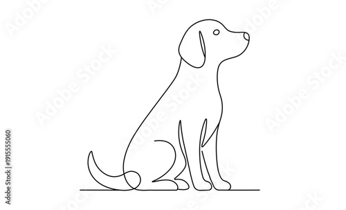 Sitting canine looking up patiently in studio setting with black continuous line art style
