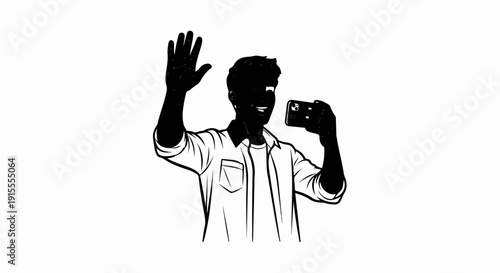 Cheerful person waving hello while recording a video with a smartphone
