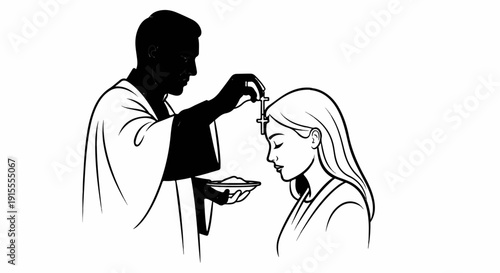 Clergy member applying ash cross to a person's forehead with a bowl