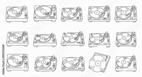 Collection of line art illustrations of record players in various angles