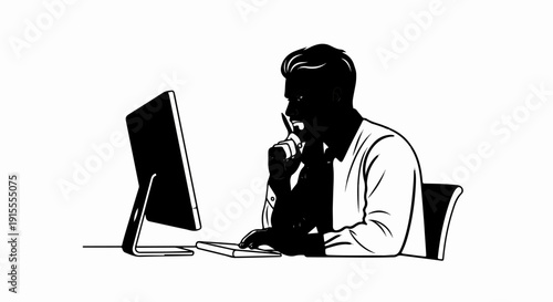 Businessman on phone using computer at desk, black and white illustration