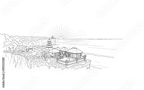 Cliffside temples overlook ocean as sun rises over tranquil sea