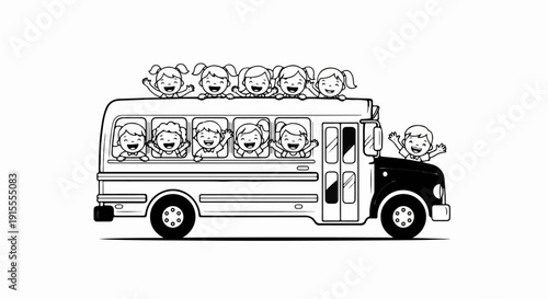 Cheerful children wave from a classic school bus, ready for adventure