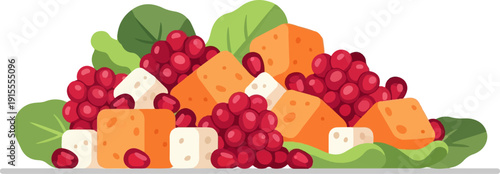 Colorful cheese cubes and red berries nestled among green leaves