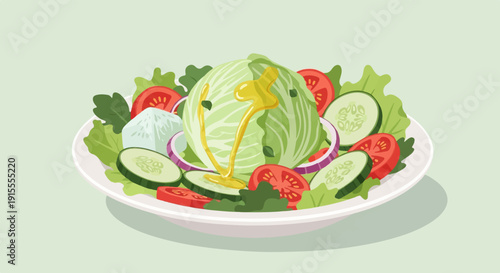 Colorful illustration of a fresh salad with a light dressing drizzle