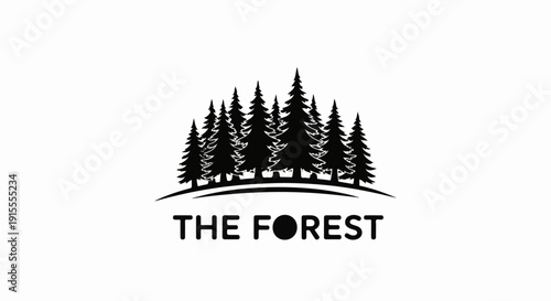 Black silhouette of a dense pine forest with a curved horizon line and text