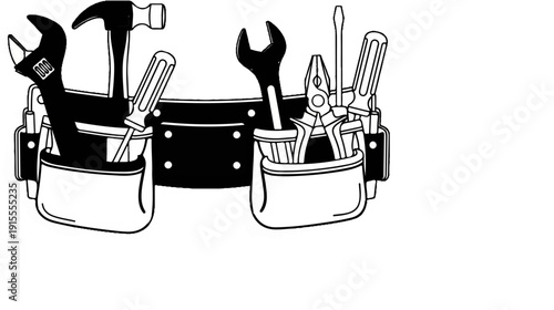 Black tool belt with assorted hand tools including a hammer, wrenches, and screwdrivers