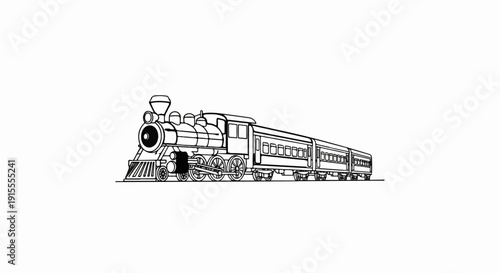 Classic steam locomotive pulling passenger carriages, detailed outline illustration