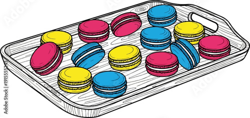 Colorful macarons arranged on a wooden serving tray