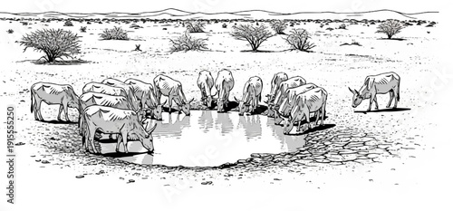 Cattle gather at a parched waterhole under a sparse, arid landscape