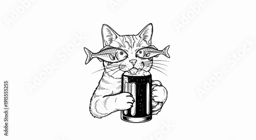 Cat with fish eyes drinks beer from mug