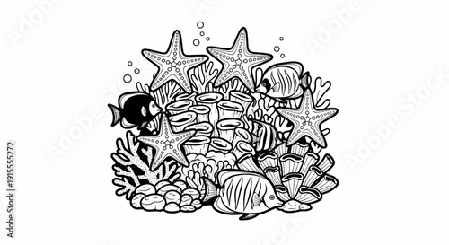 Cartoonish underwater scene with coral, starfish, and striped fish