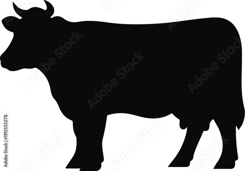 Black silhouette of a cow standing on a white background