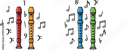 Colorful recorders and musical notes are depicted in a playful style
