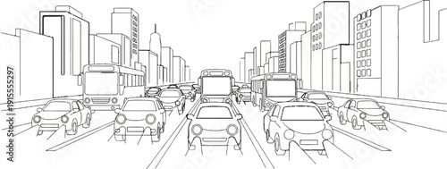 Busy city street scene with multiple lanes of traffic and tall buildings