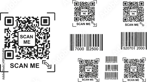 Collection of QR codes and barcodes with 'Scan Me' prompts and numbers
