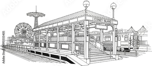 Classic amusement park scene with elevated train station and Ferris wheel