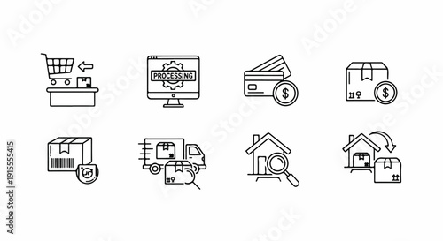 Eight icons representing various aspects of online shopping and real estate Vector