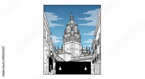 Comic style illustration of a grand domed cathedral viewed down a narrow street