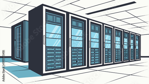 High-tech server room with racks, symbolizing cloud computing, AI systems, and enterprise database management.